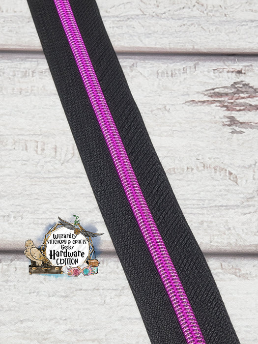 Black #5 Nylon Zipper Tape w/Bright Purple Metallic Coils