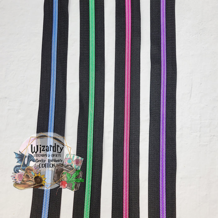Black #5 Nylon Zipper Tape w/Dark Blue Metallic Coils