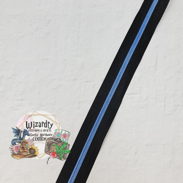 Black #5 Nylon Zipper Tape w/Dark Blue Metallic Coils