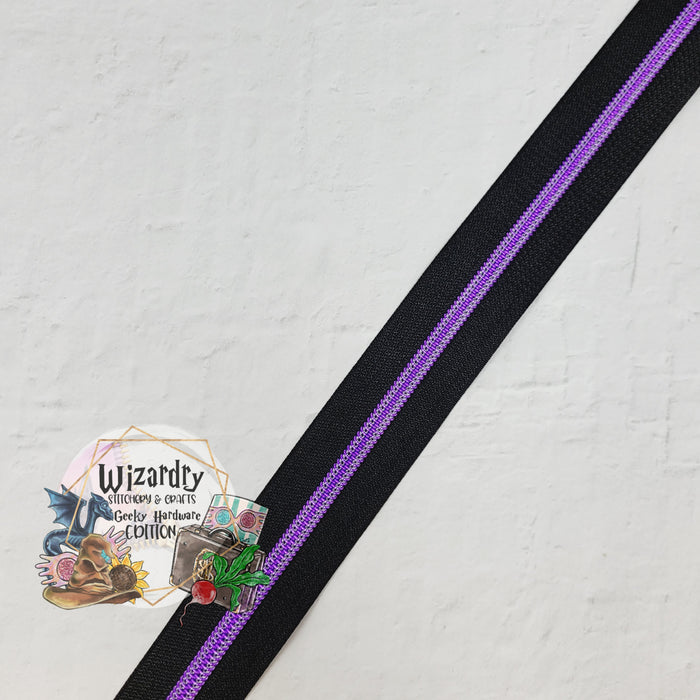 Black #5 Nylon Zipper Tape w/Dark Purple Metallic Coils