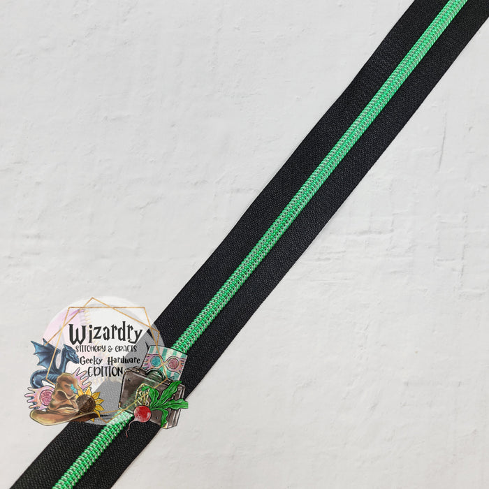 Black #5 Nylon Zipper Tape w/Dark Green Metallic Coils