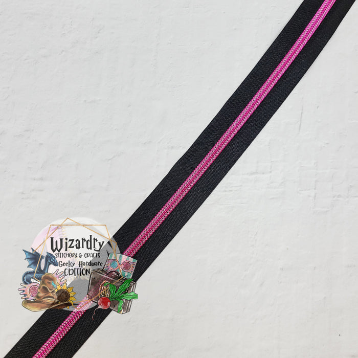 Black #5 Nylon Zipper Tape w/Dark Pink Metallic Coils