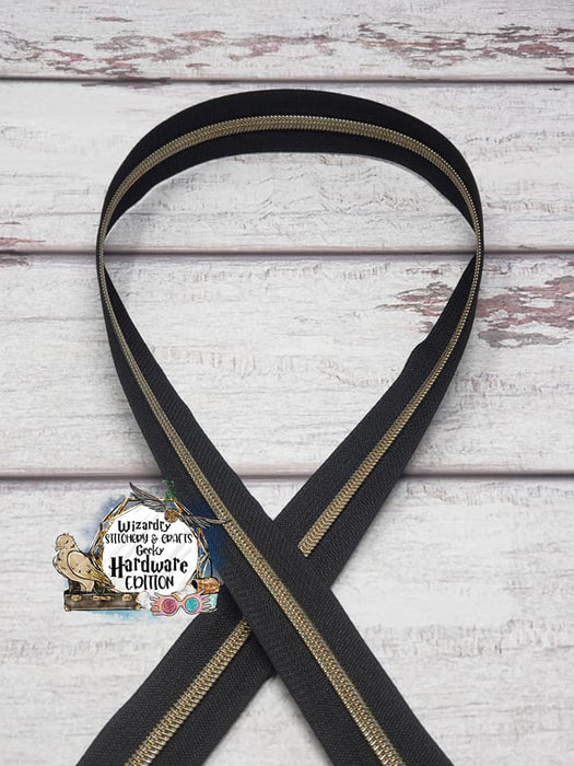 Black #5 Nylon Zipper Tape w/Antique Bronze Metallic Coils