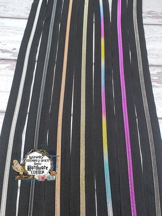 Black #5 Nylon Zipper Tape w/Antique Bronze Metallic Coils