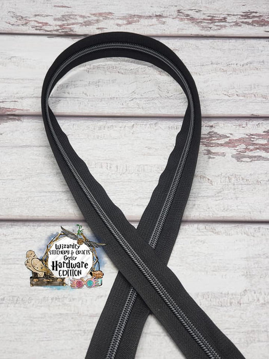 Black #5 Nylon Zipper Tape w/Gunmetal Metallic Coils