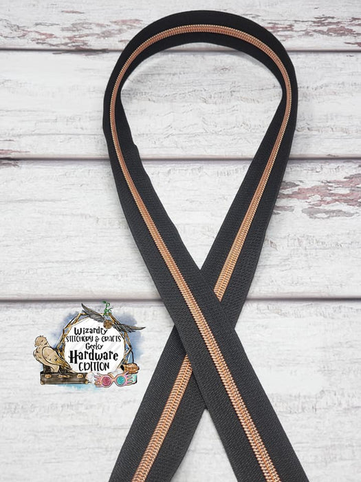 Black #5 Nylon Zipper Tape w/Rose Gold Metallic Coils