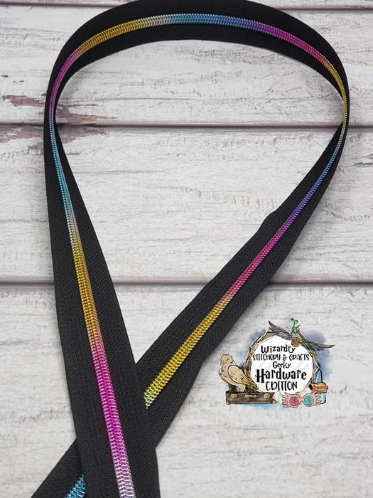 Black #5 Nylon Zipper Tape w/Unicorn Mane Rainbow Metallic Coils