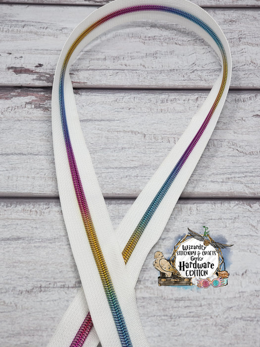 White #5 Nylon Zipper Tape w/Unicorn Mane Rainbow Metallic Coils