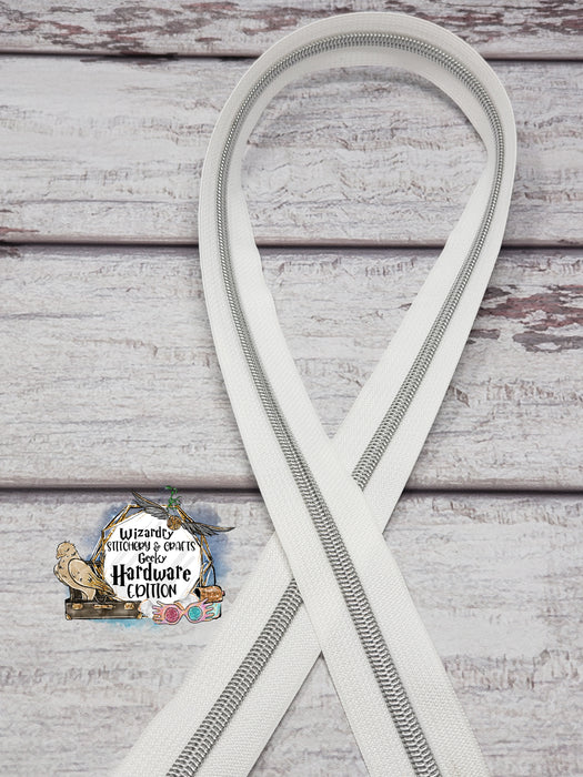 White #5 Nylon Zipper Tape w/Nickel Metallic Coils