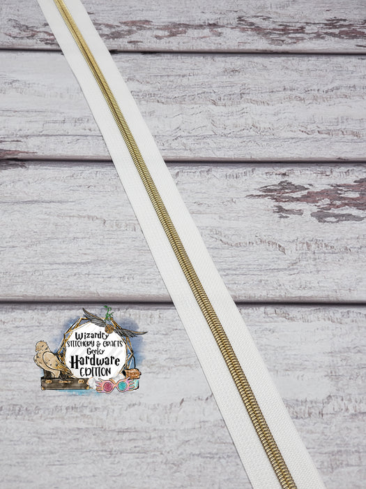 White #5 Nylon Zipper Tape w/Light Gold Metallic Coils