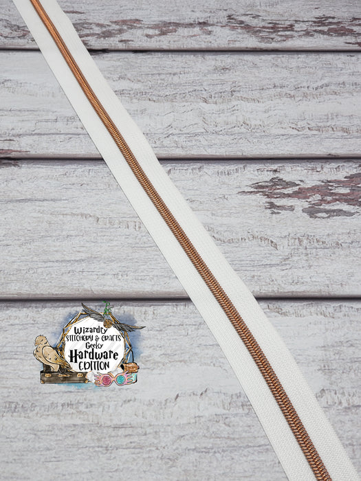 White #5 Nylon Zipper Tape w/Rose Gold Metallic Coils