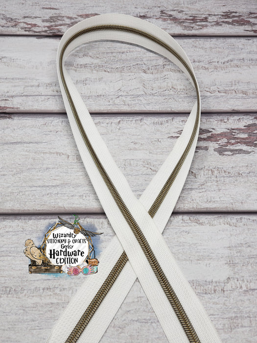White #5 Nylon Zipper Tape w/Antique Bronze Metallic Coils