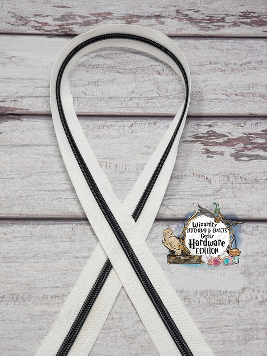 White #5 Nylon Zipper Tape w/Gunmetal Metallic Coils