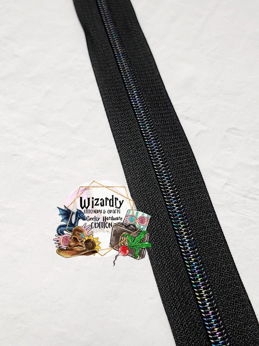 Black #5 Nylon Zipper Tape w/Night-Mare Iridescent Metallic Coils