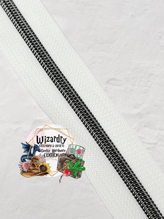 White #5 Nylon Zipper Tape w/Pewter Metallic Coils