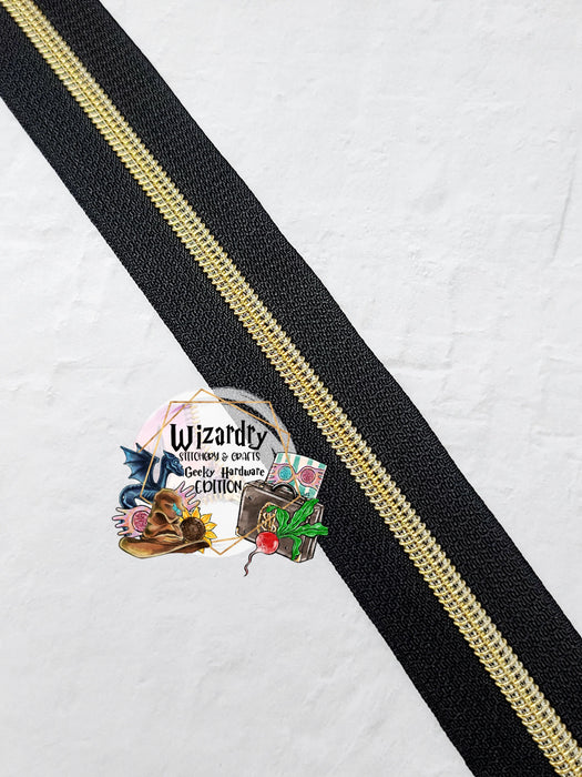 Black #5 Nylon Zipper Tape w/Light Gold Metallic Coils