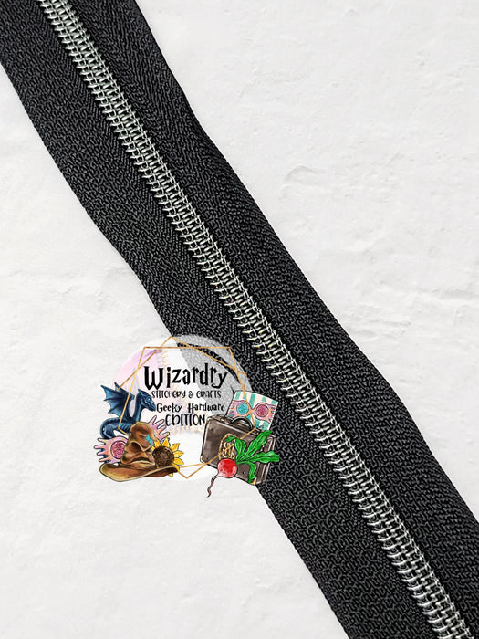 Black #5 Nylon Zipper Tape w/Pewter Metallic Coils