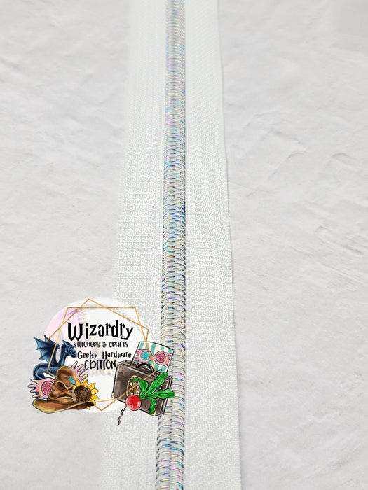 White #5 Nylon Zipper Tape w/Day-Dream Iridescent Metallic Coils