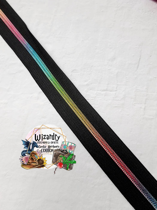 Black #5 Nylon Zipper Tape w/Phoenix Fire Rainbow Metallic Coils