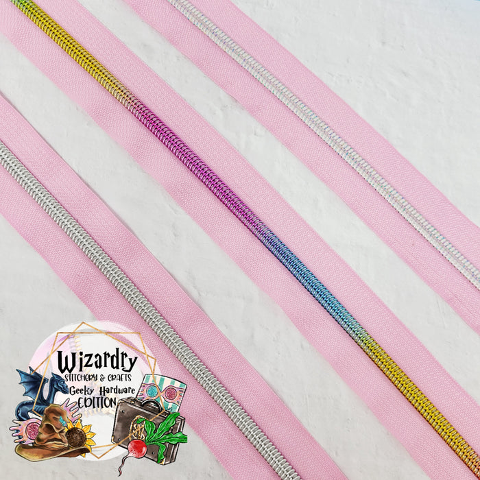 Blush Pink #5 Nylon Zipper Tape w/Unicorn Mane Rainbow Metallic Coils