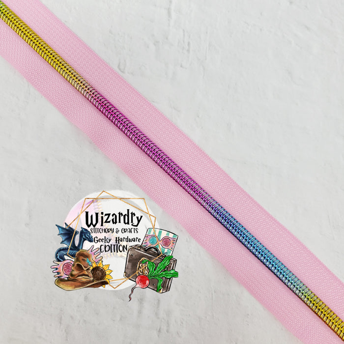 Blush Pink #5 Nylon Zipper Tape w/Unicorn Mane Rainbow Metallic Coils