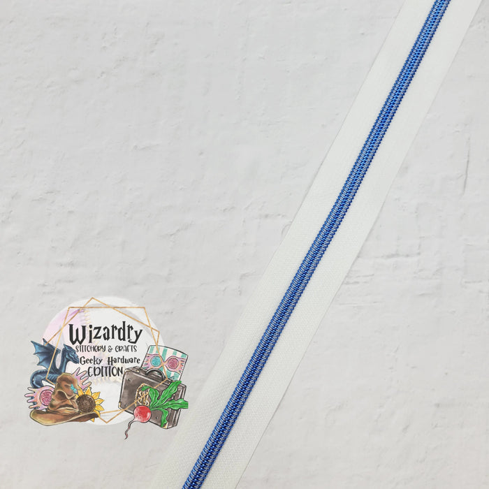 White #5 Nylon Zipper Tape w/Dark Blue Metallic Coils