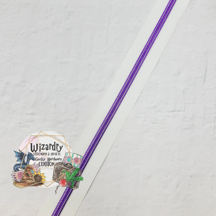 White #5 Nylon Zipper Tape w/Dark Purple Metallic Coils