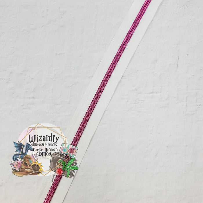 White #5 Nylon Zipper Tape w/Dark Pink Metallic Coils