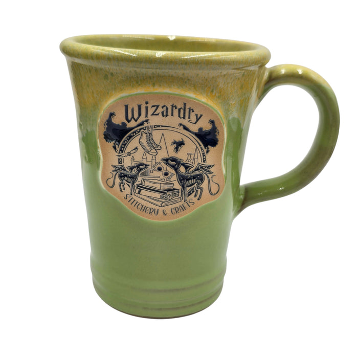 Wizardry Stitchery & Crafts Mug 14oz+ Green w/Yellow Drip