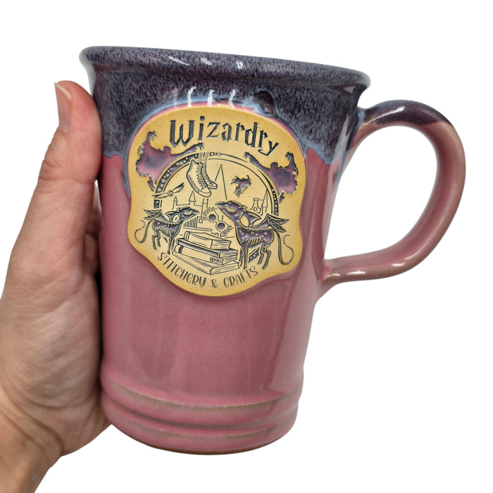 Wizardry Stitchery & Crafts Mug 14oz+ Pink w/Purple Drip