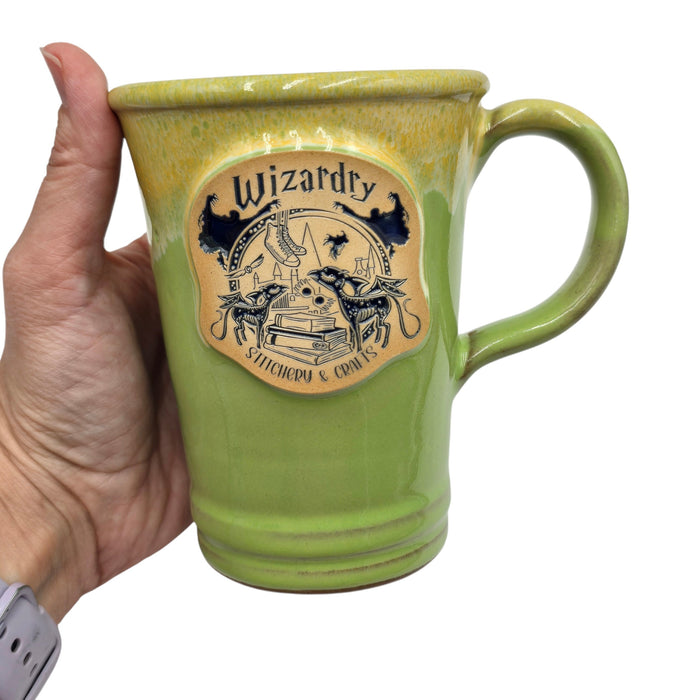 Wizardry Stitchery & Crafts Mug 14oz+ Green w/Yellow Drip